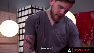 Busty Trans Janie Blade Takes Anal and Facial in Steamy Massage Scene
