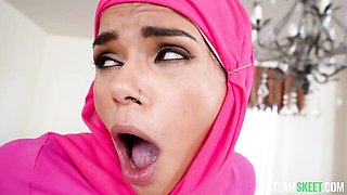 Harley Haze hijabi in a tight pink dress gets fucked missionary on the dining table