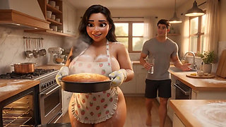 Curvy Latina bakes naked under tiny apron while her young stepson watches every move (AI generated)