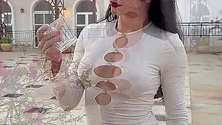 Outdoor Pussy Flashing, Pee in the Glass, Spit, Ahegao, Fake Cum on My Tits & Body