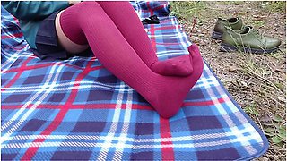 Schoolgirl Show Feet In Knee Socks And Change Dress Nylon Pantyhose