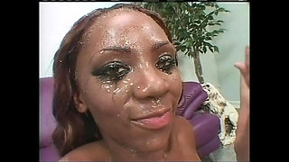 Group Blowjob to Many Big Cocks and Bukkake for Young Black Cougar with Nice Tits