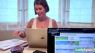 Quickie fapping on a brake right in the office by a busty MILF Lady Lyne in pantyhose