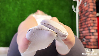 White Stockings Foot Tease and My Ass in Background After Domination Session