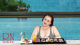 Regina Noir. Tits teasing at swimming pool. Nudist hotel. Nudism outdoors. 1