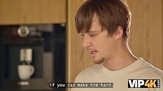 Elias K Upper watches Una Fairy's natural tits bounce while she sucks and fucks her BF's old man