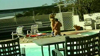 Perfect blonde babe gets a facial after outdoor fuck by the pool