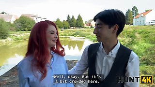 Hunt4k. slutty red haired Miss Olivia used her Natural Tits and perfect figure to tempt a producer in public