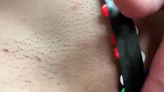 Pussy play with thumbtacks