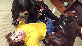 He thrusts a strap-on deep into her throat and then inserts it into her vagina.