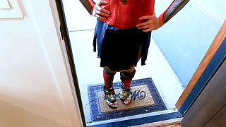 Busty curly brunette with big boobs fucks on couch