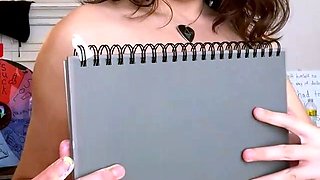 Busty curly brunette with big boobs fucks on couch