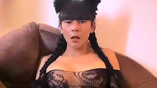 Brunette Tranny jerking in hard dick in solo Webcam