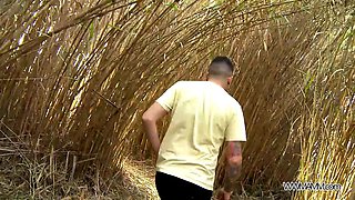 Huge facial cumshot in fields to chesty chunk of girl