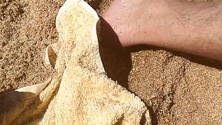 Risky in public / Blonde girl jerks off a stranger's cock on the beach and lets him jerk off on her natural tits