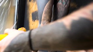 Alt dominatrix pegging tattooed worker