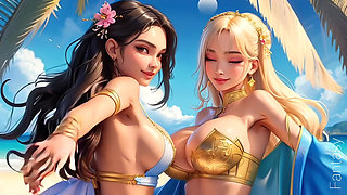 beautiful girls kissing on beach (Ai models)