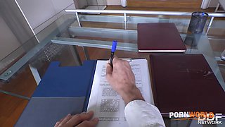 Sexy secretary Frida Sante kneels down to suck your big hard cock in POV