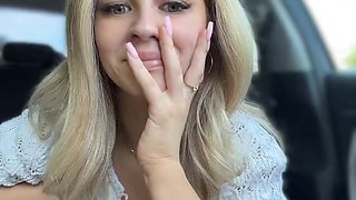 Sexy Blonde in Mini Skirt Flirts and Poses Inside Car