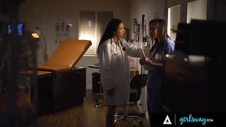 Girlsway - physician Vicki Chase knows how to keep nurse Sinn Sage's facehole busy from saying secrets