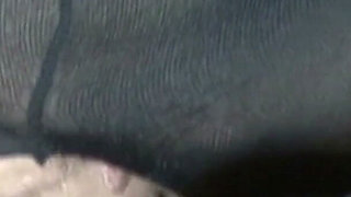 Black catsuit nylon footjob