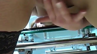 Adorable blonde wearing stockings while masturbating in solo action
