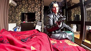 MilfyCallas Smoking Leather Coat Gloves Handjob Cumshot