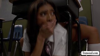 Naughty -Censored- Shemales Dominate Classroom in Wild Group Sex