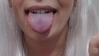 My Stepsister in a Cosplay Outfit Makes a Face Fetish, Ahegao Faces and Silly Faces While Sucking a Dildo and