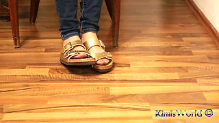 Jeans and Gold Two-strap Sandals - Nylon Feet Tease