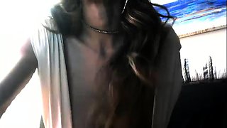 Busty curly brunette with big boobs fucks on couch