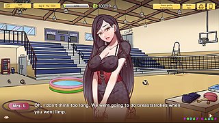 Buxom professor in isekai anime porn gets down in the gym