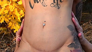 Autumn Sex in the Park, Blowjob, Cunnilingus, Orgasm, Juicy Pussy, Big Lips, Big Tits, Tattoo Girl