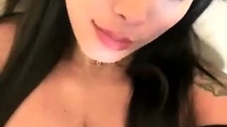 Busty curly brunette with big boobs fucks on couch