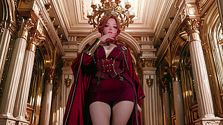 Red Queen on the Golden Throne! Deep velvet gown, lazy chin rest, and a gaze that locks onto you.