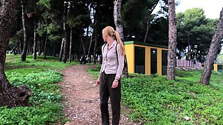 Blonde Amateur Takes Facial Outdoors In Public