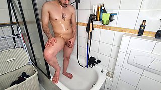 Twink boy showering shaving and pissing