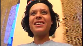 Brunette girl is bouncing on guy's big pecker at the casting