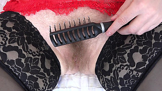 Mature Hairy Pussy Cums From a Comb Close-up. Amateur Fetish with a Plump Pubic Mound and Bush.