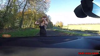 British mature Red fingers her cunt in the car again