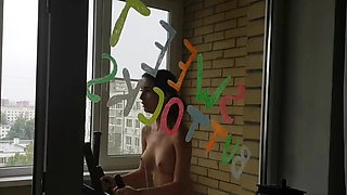 Naked MILF on Exercise Bike, Solo Webcam Footjob