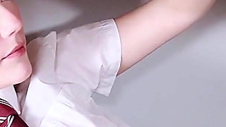 British 18-year-old in college uniform makes a guy cum at the milking table