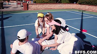 Naked girls share a dick on the tennis court and it all goes wild