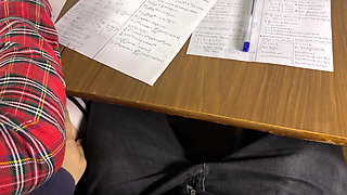 At School Handjob Under the Table by a Horny Schoolgirl Classmate