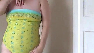 Wearing Sexy Yellow Swimsuit Striptease and Masturbation