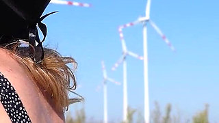 Intense Outdoor Blowjob in Front of Powerful Windmills Till He Cum in Her Mouth