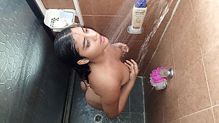 Beautiful Brunette Showers in Her Bathroom, and I Seduce Her to Fuck Her Tantaly Doll After Her Show