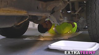 Car mechanic with huge dick gets to fuck a hot petite babe