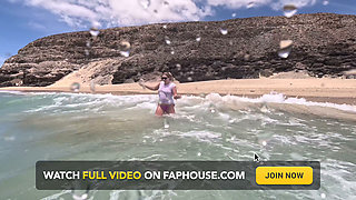 Girl Wetting Jeans in the Ocean and Swimming in Wet White T-shirt