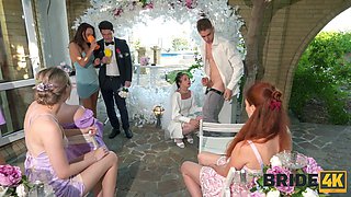 Hot bride has a wild public sex on her wedding ceremony. Watch her suck her future husband's cock and get railed doggystyle